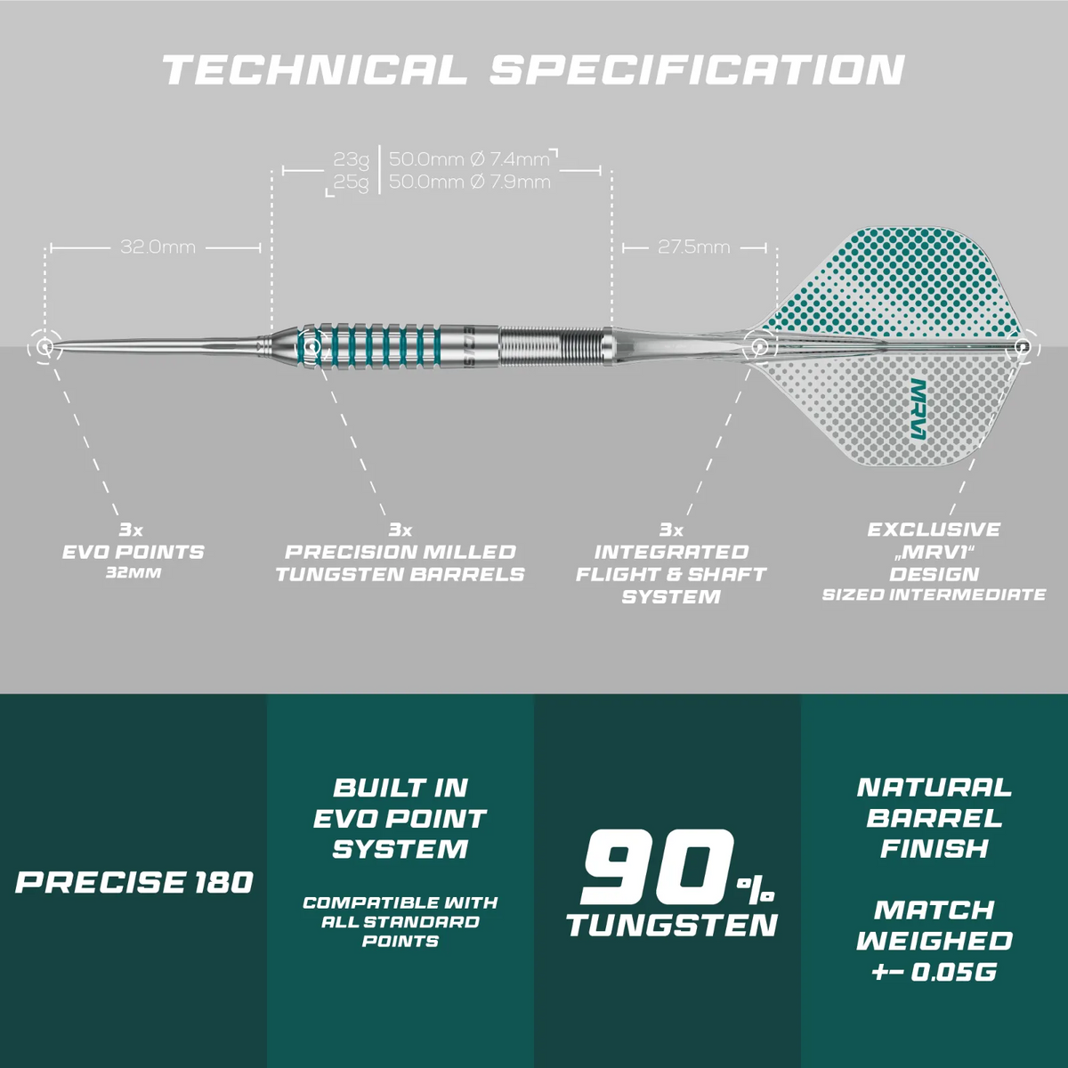 Precise 180 MRV1 23g Darts with Moulded Flights