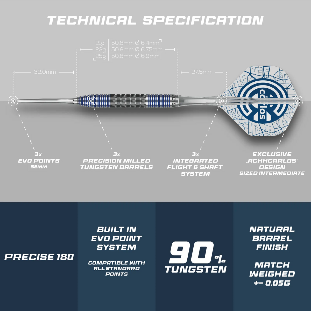 Precise 180 Achh Carlos 23g Darts with Moulded Flights